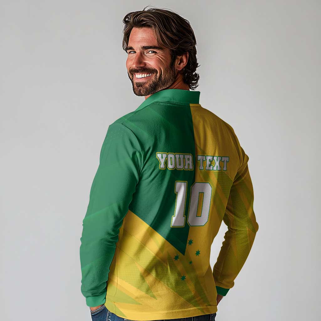Personalized Australian Jackaroo Lawn Bowls Long Sleeve Polo Shirt Kangaroo Bowler Green Yellow National Spirit Mascot Art