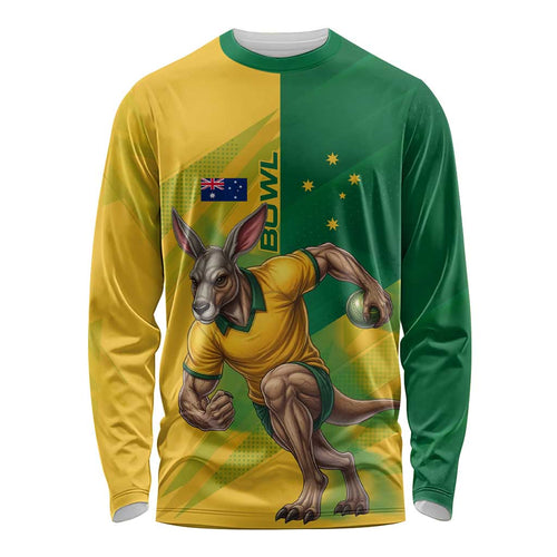 Personalized Australian Jackaroo Lawn Bowls Long Sleeve Shirt Kangaroo Bowler Green Yellow National Spirit Mascot Art