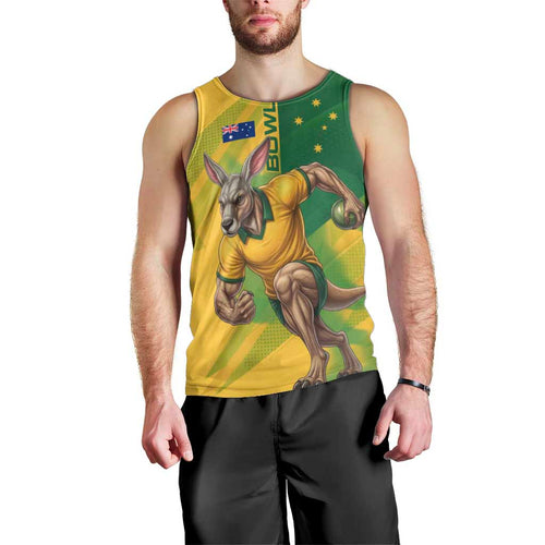 Personalized Australian Jackaroo Lawn Bowls Men Tank Top Kangaroo Bowler Green Yellow National Spirit Mascot Art