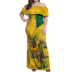 Personalized Australian Jackaroo Lawn Bowls Off Shoulder Maxi Dress Kangaroo Bowler Green Yellow National Spirit Mascot Art