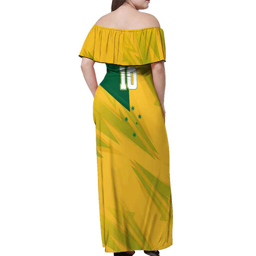 Personalized Australian Jackaroo Lawn Bowls Off Shoulder Maxi Dress Kangaroo Bowler Green Yellow National Spirit Mascot Art