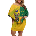 Personalized Australian Jackaroo Lawn Bowls Off Shoulder Short Dress Kangaroo Bowler Green Yellow National Spirit Mascot Art