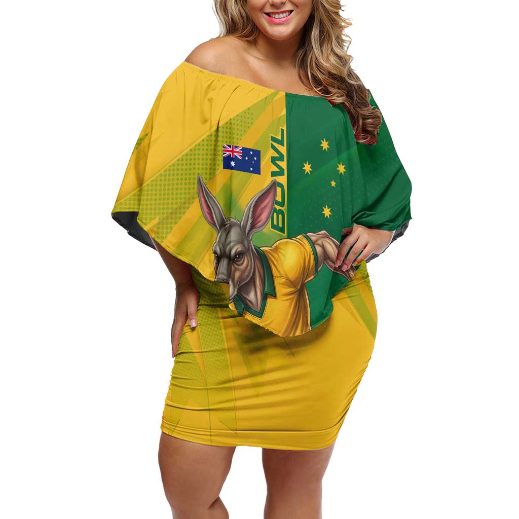 Personalized Australian Jackaroo Lawn Bowls Off Shoulder Short Dress Kangaroo Bowler Green Yellow National Spirit Mascot Art