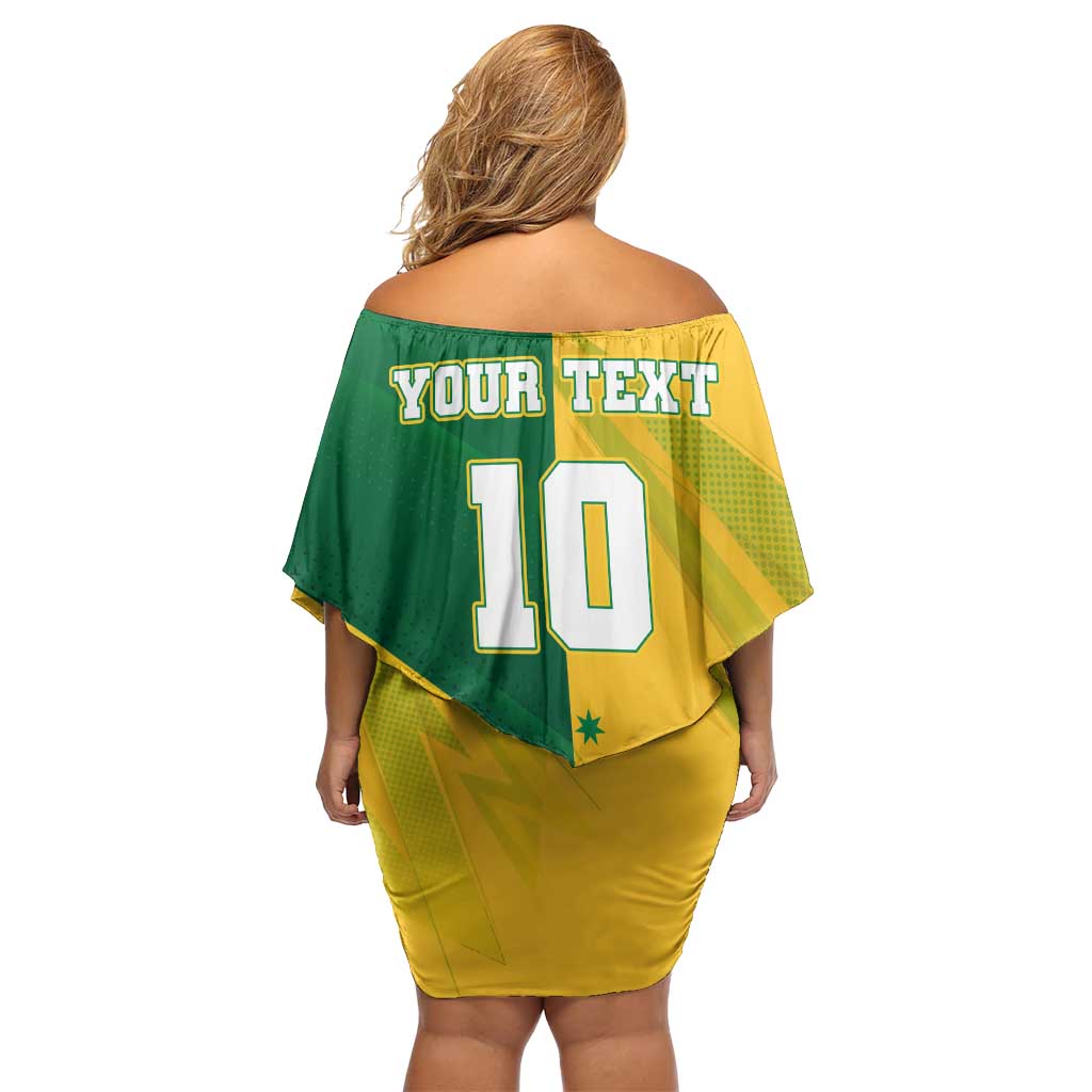 Personalized Australian Jackaroo Lawn Bowls Off Shoulder Short Dress Kangaroo Bowler Green Yellow National Spirit Mascot Art