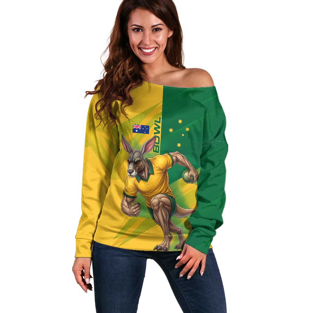 Personalized Australian Jackaroo Lawn Bowls Off Shoulder Sweater Kangaroo Bowler Green Yellow National Spirit Mascot Art