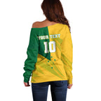 Personalized Australian Jackaroo Lawn Bowls Off Shoulder Sweater Kangaroo Bowler Green Yellow National Spirit Mascot Art