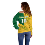 Personalized Australian Jackaroo Lawn Bowls Off Shoulder Sweater Kangaroo Bowler Green Yellow National Spirit Mascot Art