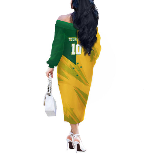 Personalized Australian Jackaroo Lawn Bowls Off The Shoulder Long Sleeve Dress Kangaroo Bowler Green Yellow National Spirit Mascot Art