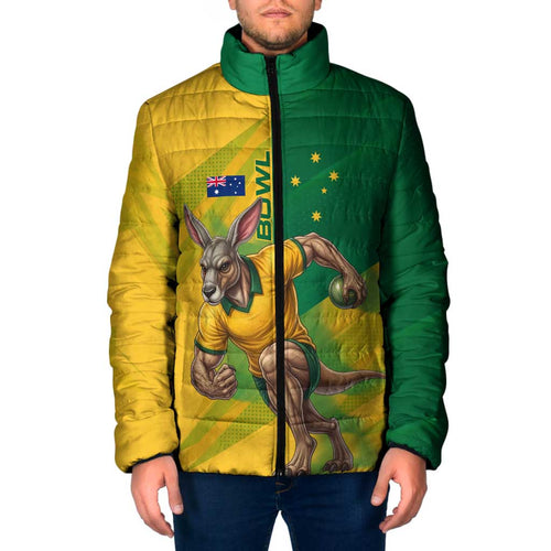 Personalized Australian Jackaroo Lawn Bowls Padded Jacket Kangaroo Bowler Green Yellow National Spirit Mascot Art