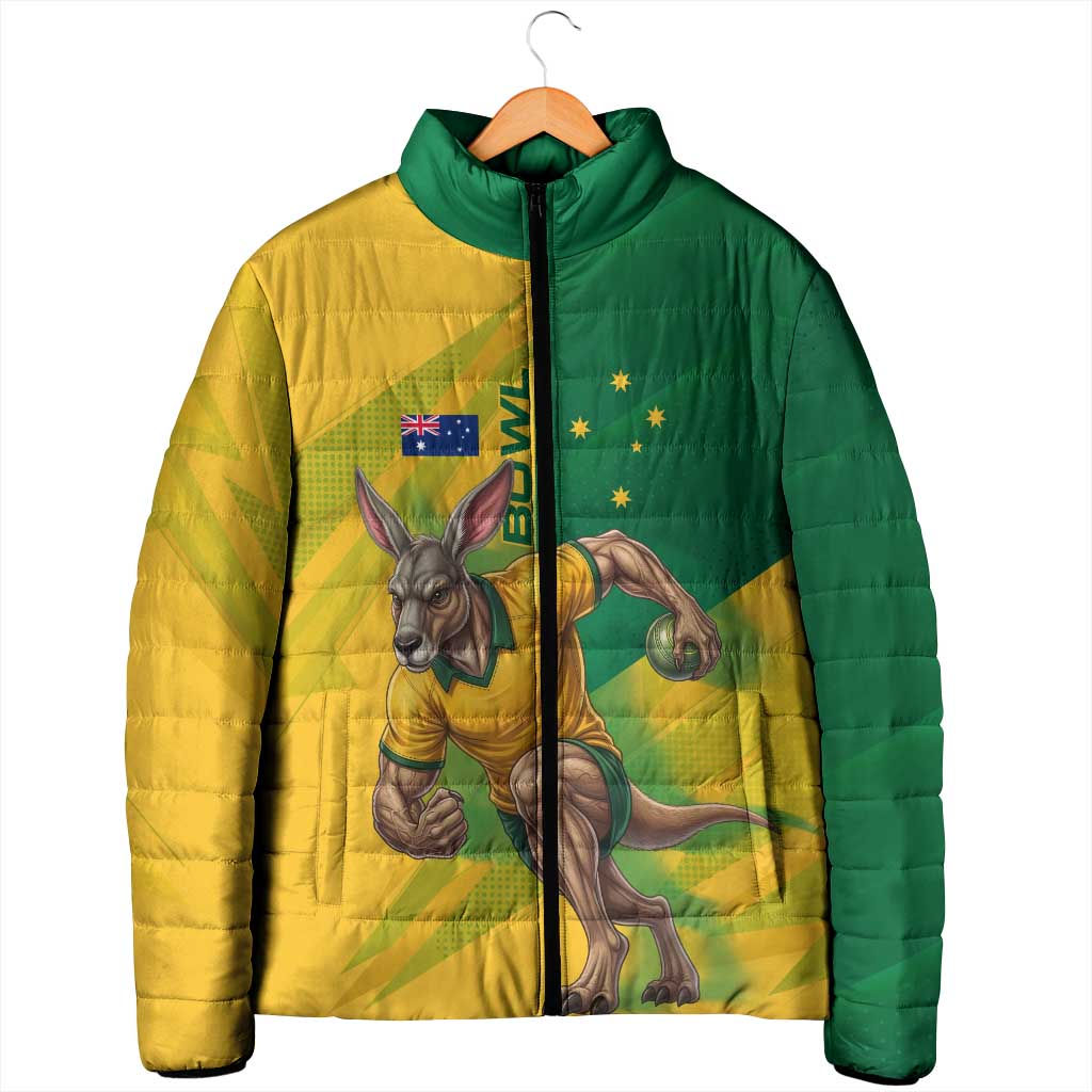 Personalized Australian Jackaroo Lawn Bowls Padded Jacket Kangaroo Bowler Green Yellow National Spirit Mascot Art