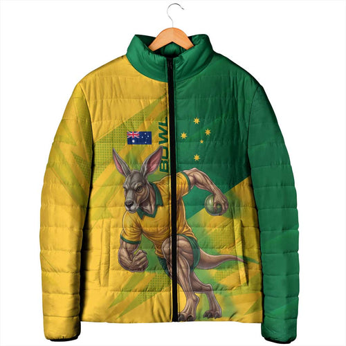 Personalized Australian Jackaroo Lawn Bowls Padded Jacket Kangaroo Bowler Green Yellow National Spirit Mascot Art