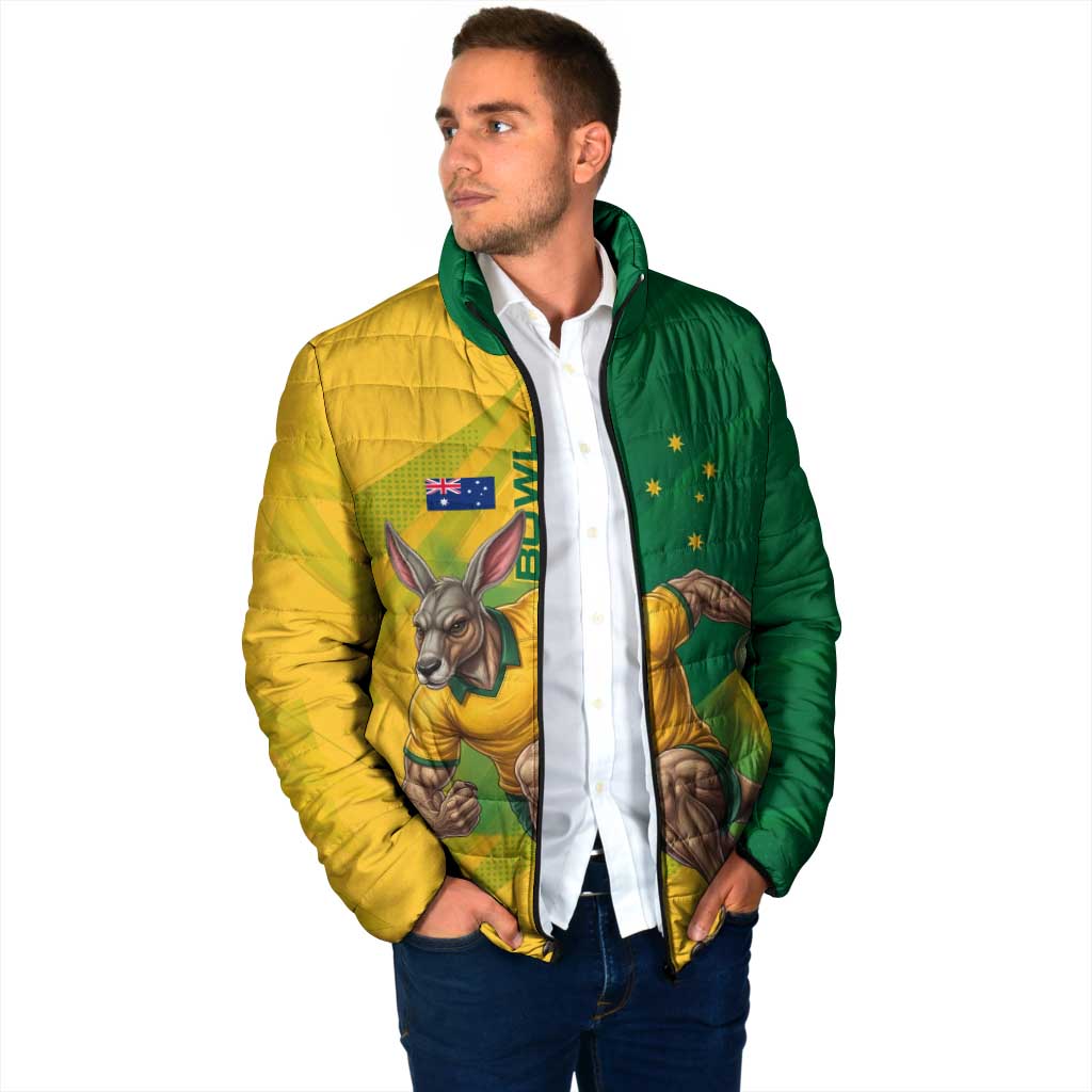 Personalized Australian Jackaroo Lawn Bowls Padded Jacket Kangaroo Bowler Green Yellow National Spirit Mascot Art