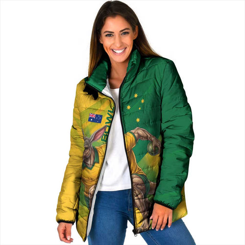 Personalized Australian Jackaroo Lawn Bowls Padded Jacket Kangaroo Bowler Green Yellow National Spirit Mascot Art