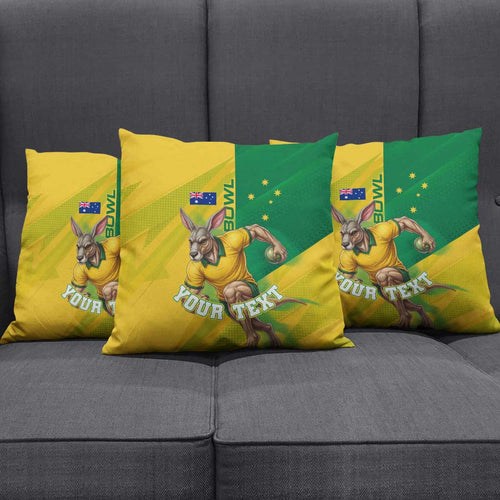 Personalized Australian Jackaroo Lawn Bowls Pillow Cover Kangaroo Bowler Green Yellow National Spirit Mascot Art