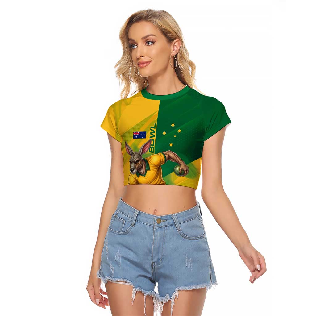 Personalized Australian Jackaroo Lawn Bowls Raglan Cropped T Shirt Kangaroo Bowler Green Yellow National Spirit Mascot Art
