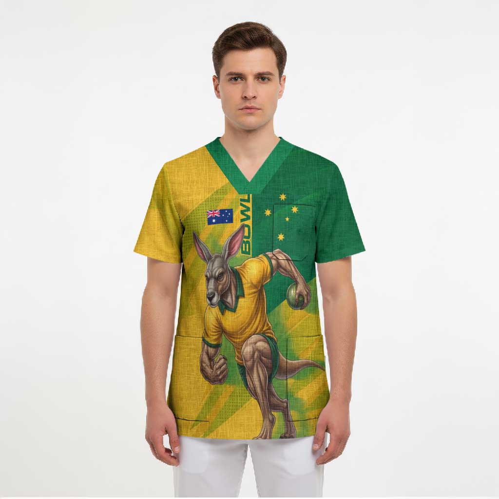 Personalized Australian Jackaroo Lawn Bowls Scrub Top Kangaroo Bowler Green Yellow National Spirit Mascot Art