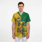 Personalized Australian Jackaroo Lawn Bowls Scrub Top Kangaroo Bowler Green Yellow National Spirit Mascot Art