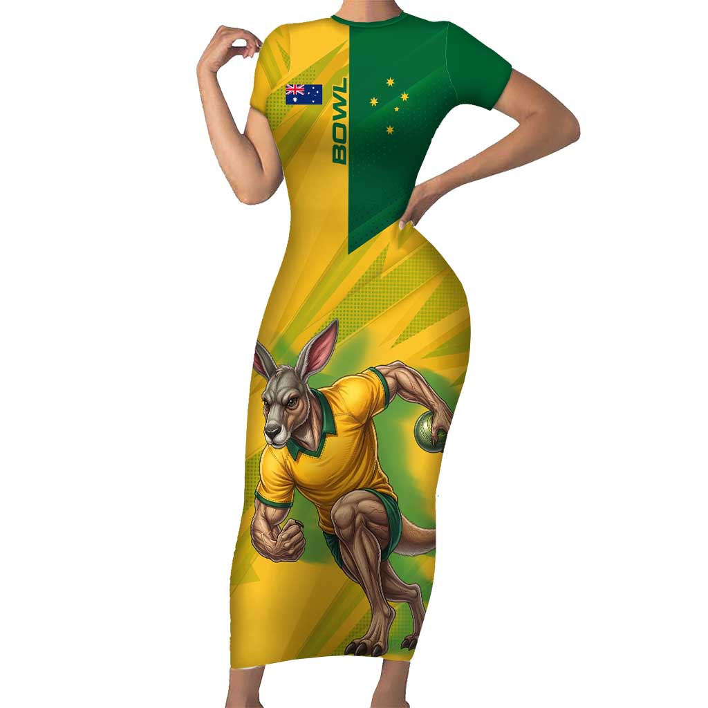 Personalized Australian Jackaroo Lawn Bowls Short Sleeve Bodycon Dress Kangaroo Bowler Green Yellow National Spirit Mascot Art