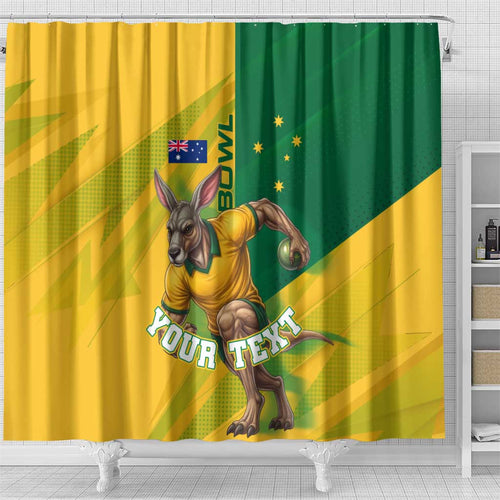 Personalized Australian Jackaroo Lawn Bowls Shower Curtain Kangaroo Bowler Green Yellow National Spirit Mascot Art