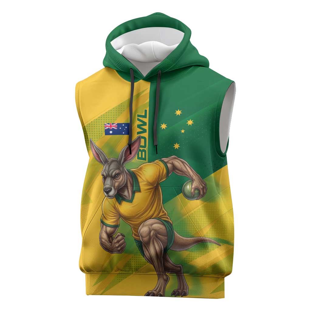 Personalized Australian Jackaroo Lawn Bowls Sleeveless Hoodie Kangaroo Bowler Green Yellow National Spirit Mascot Art