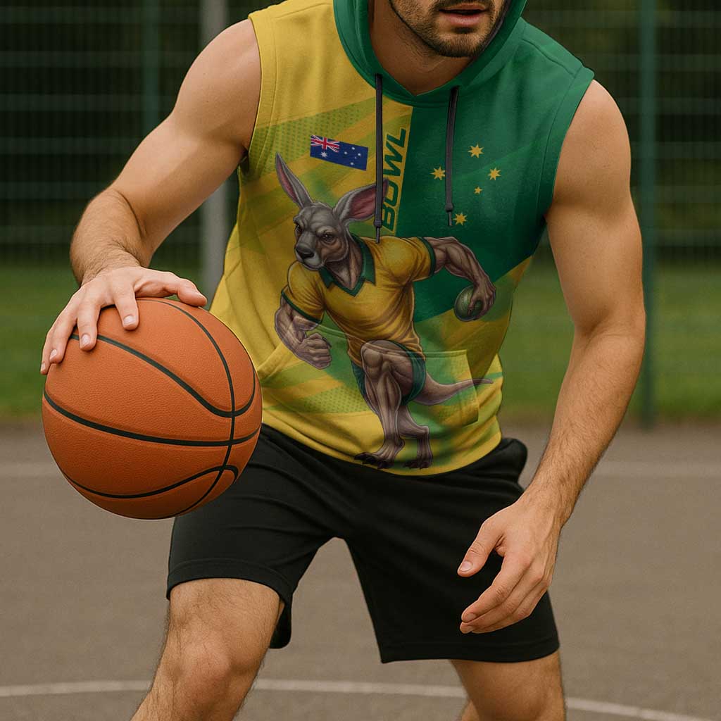 Personalized Australian Jackaroo Lawn Bowls Sleeveless Hoodie Kangaroo Bowler Green Yellow National Spirit Mascot Art