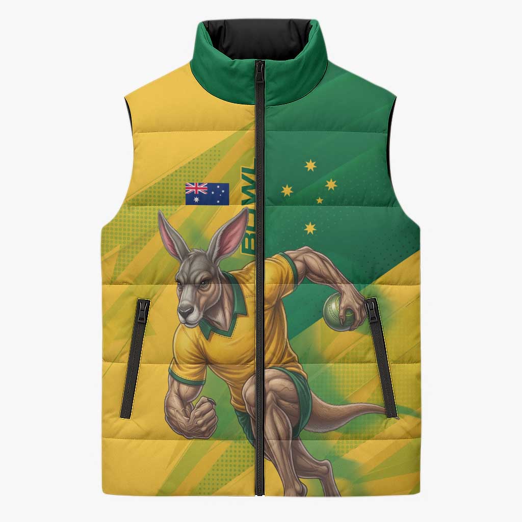 Personalized Australian Jackaroo Lawn Bowls Sleeveless Puffer Jacket Kangaroo Bowler Green Yellow National Spirit Mascot Art