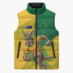 Personalized Australian Jackaroo Lawn Bowls Sleeveless Puffer Jacket Kangaroo Bowler Green Yellow National Spirit Mascot Art