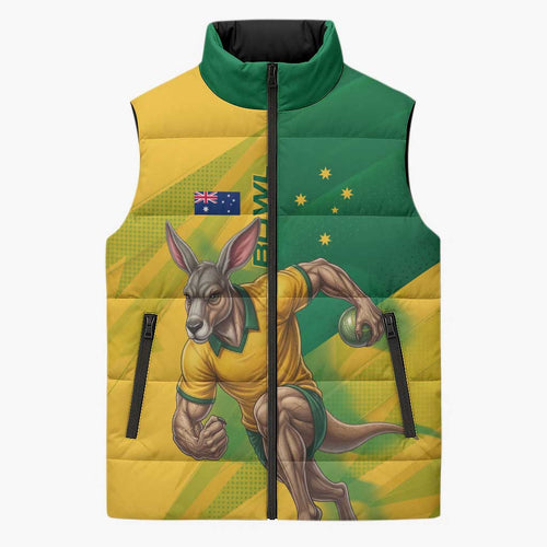 Personalized Australian Jackaroo Lawn Bowls Sleeveless Puffer Jacket Kangaroo Bowler Green Yellow National Spirit Mascot Art