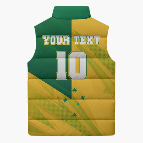 Personalized Australian Jackaroo Lawn Bowls Sleeveless Puffer Jacket Kangaroo Bowler Green Yellow National Spirit Mascot Art