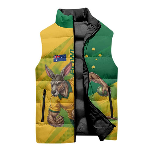 Personalized Australian Jackaroo Lawn Bowls Sleeveless Puffer Jacket Kangaroo Bowler Green Yellow National Spirit Mascot Art