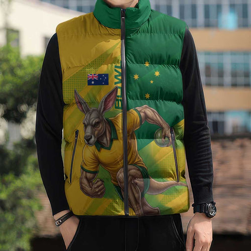 Personalized Australian Jackaroo Lawn Bowls Sleeveless Puffer Jacket Kangaroo Bowler Green Yellow National Spirit Mascot Art