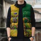 Personalized Australian Jackaroo Lawn Bowls Sleeveless Puffer Jacket Kangaroo Bowler Green Yellow National Spirit Mascot Art