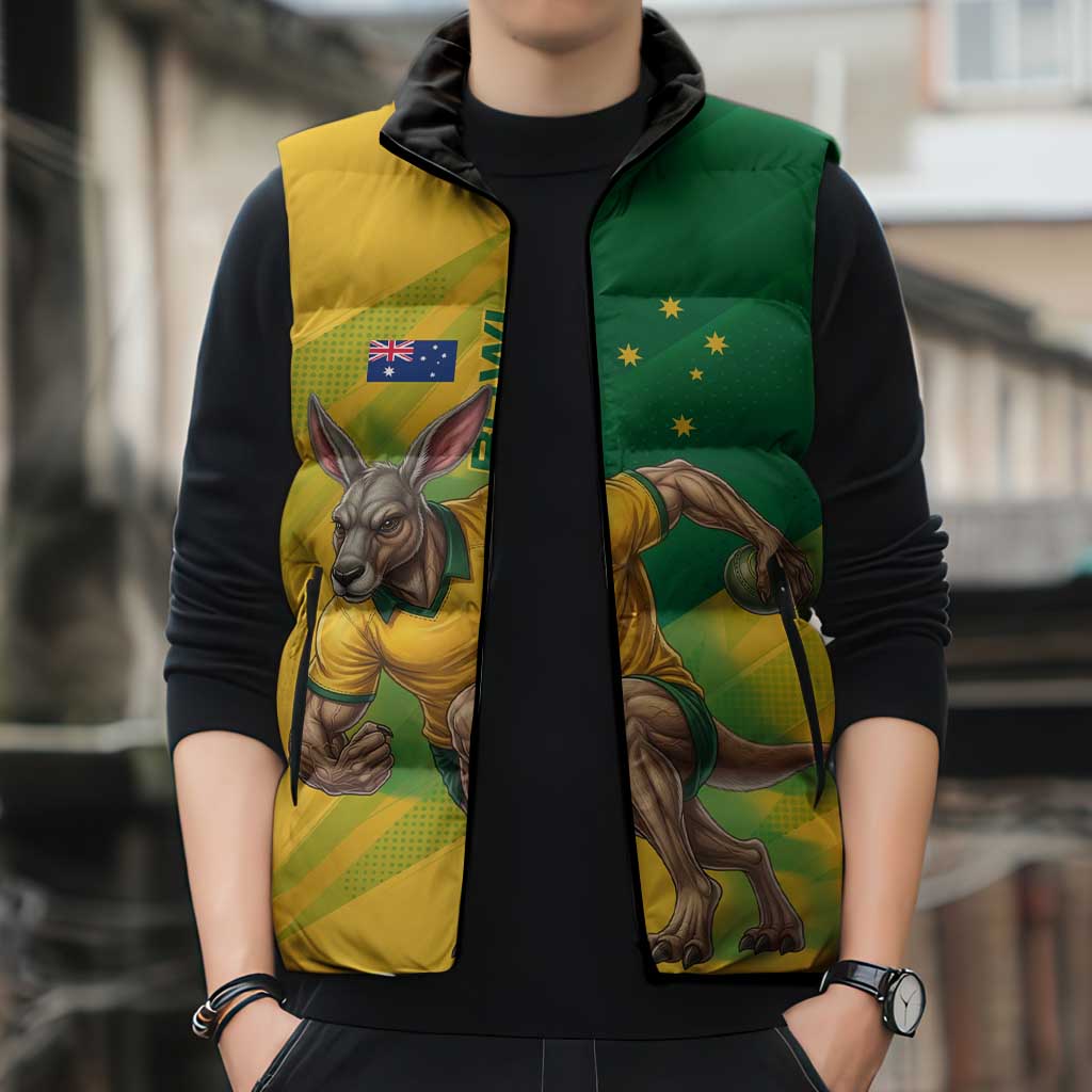 Personalized Australian Jackaroo Lawn Bowls Sleeveless Puffer Jacket Kangaroo Bowler Green Yellow National Spirit Mascot Art