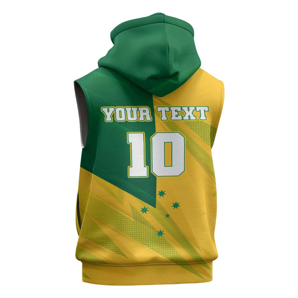 Personalized Australian Jackaroo Lawn Bowls Sleeveless Zip Hoodie Kangaroo Bowler Green Yellow National Spirit Mascot Art