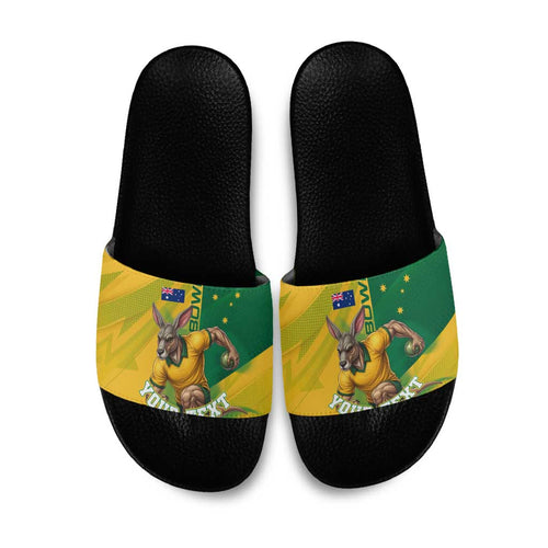 Personalized Australian Jackaroo Lawn Bowls Slide Sandals Kangaroo Bowler Green Yellow National Spirit Mascot Art