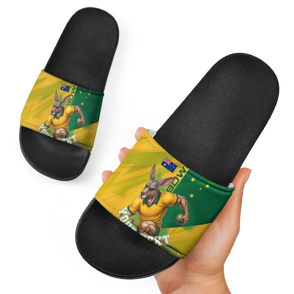 Personalized Australian Jackaroo Lawn Bowls Slide Sandals Kangaroo Bowler Green Yellow National Spirit Mascot Art