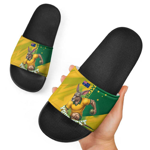 Personalized Australian Jackaroo Lawn Bowls Slide Sandals Kangaroo Bowler Green Yellow National Spirit Mascot Art
