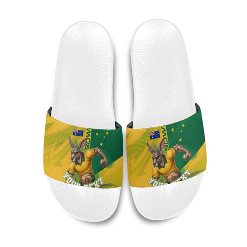 Personalized Australian Jackaroo Lawn Bowls Slide Sandals Kangaroo Bowler Green Yellow National Spirit Mascot Art