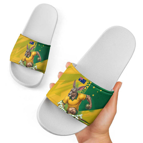 Personalized Australian Jackaroo Lawn Bowls Slide Sandals Kangaroo Bowler Green Yellow National Spirit Mascot Art