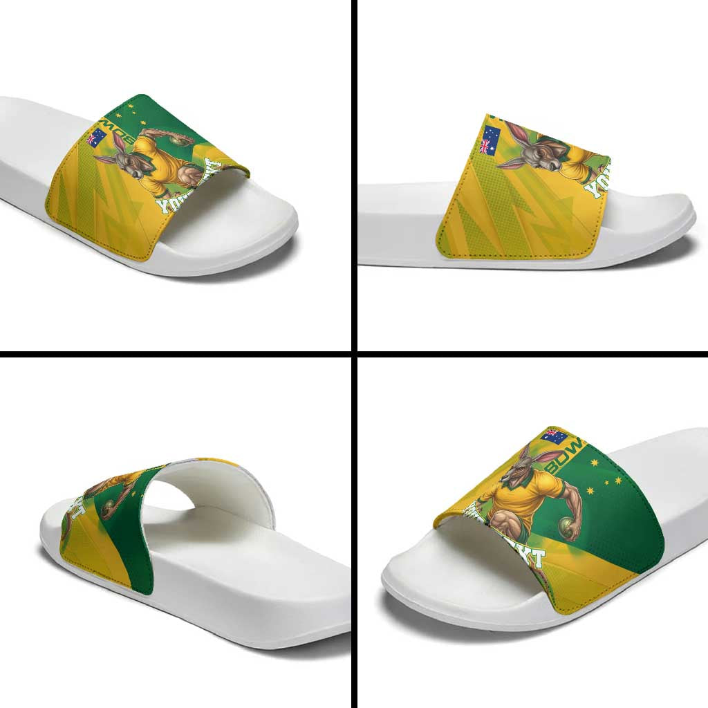 Personalized Australian Jackaroo Lawn Bowls Slide Sandals Kangaroo Bowler Green Yellow National Spirit Mascot Art