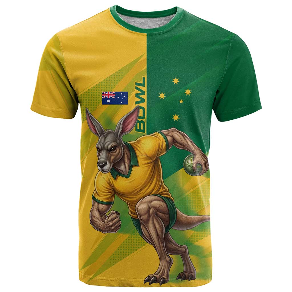 Personalized Australian Jackaroo Lawn Bowls T Shirt Kangaroo Bowler Green Yellow National Spirit Mascot Art