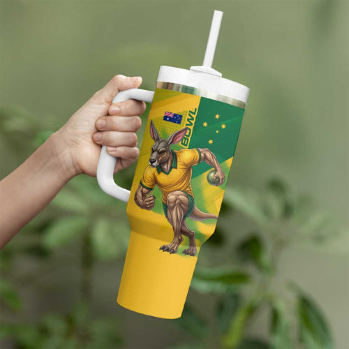 Personalized Australian Jackaroo Lawn Bowls Tumbler With Handle Kangaroo Bowler Green Yellow National Spirit Mascot Art