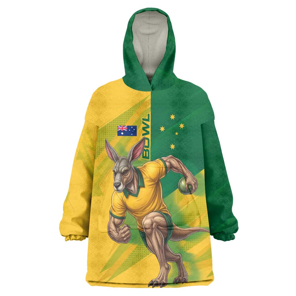 Personalized Australian Jackaroo Lawn Bowls Wearable Blanket Hoodie Kangaroo Bowler Green Yellow National Spirit Mascot Art
