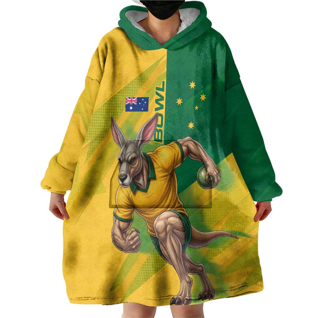 Personalized Australian Jackaroo Lawn Bowls Wearable Blanket Hoodie Kangaroo Bowler Green Yellow National Spirit Mascot Art