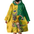 Personalized Australian Jackaroo Lawn Bowls Wearable Blanket Hoodie Kangaroo Bowler Green Yellow National Spirit Mascot Art