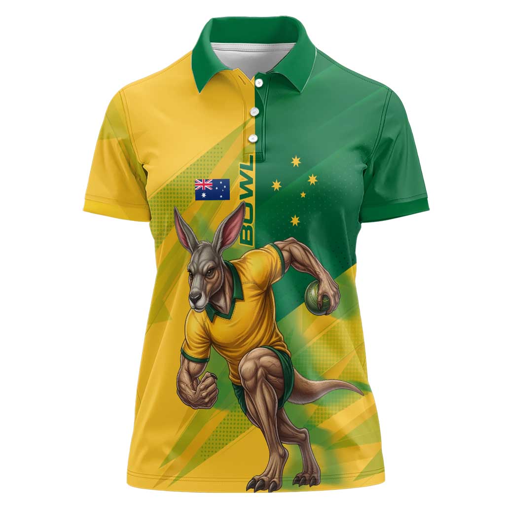 Personalized Australian Jackaroo Lawn Bowls Women Polo Shirt Kangaroo Bowler Green Yellow National Spirit Mascot Art