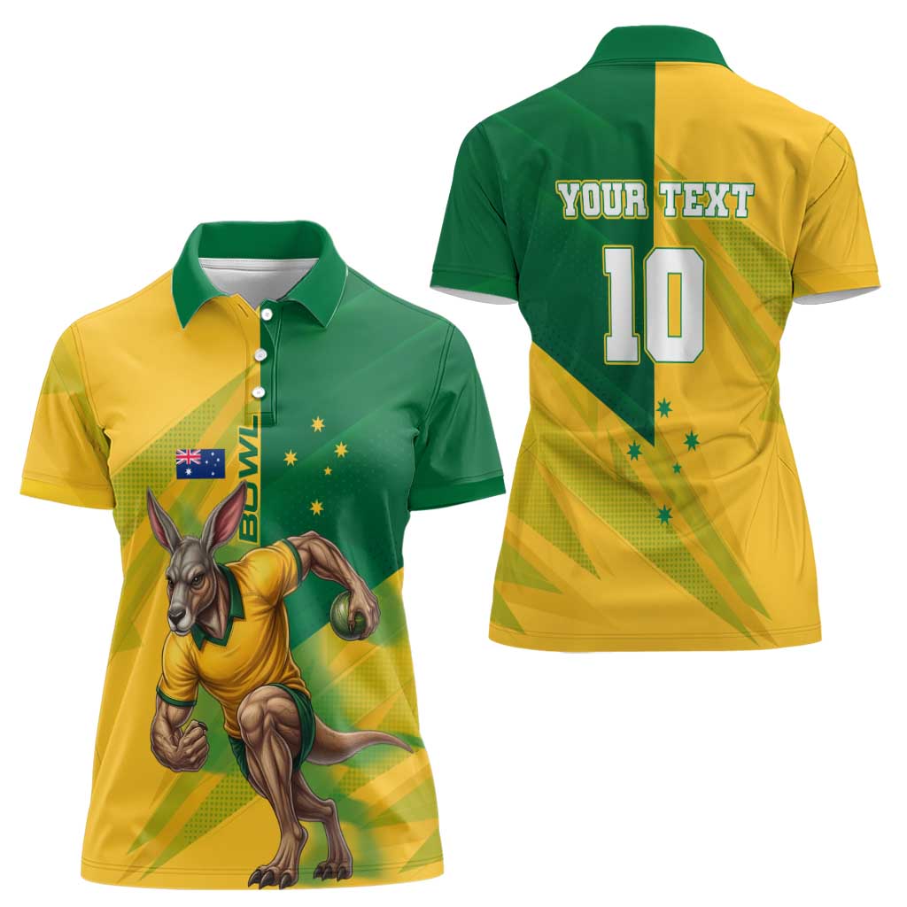 Personalized Australian Jackaroo Lawn Bowls Women Polo Shirt Kangaroo Bowler Green Yellow National Spirit Mascot Art