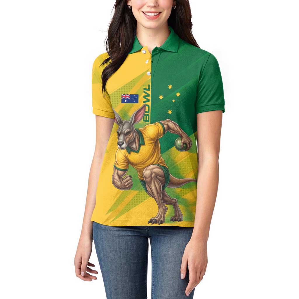 Personalized Australian Jackaroo Lawn Bowls Women Polo Shirt Kangaroo Bowler Green Yellow National Spirit Mascot Art