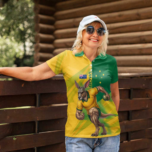 Personalized Australian Jackaroo Lawn Bowls Women Polo Shirt Kangaroo Bowler Green Yellow National Spirit Mascot Art