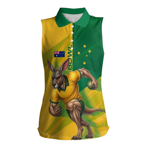 Personalized Australian Jackaroo Lawn Bowls Women Sleeveless Polo Shirt Kangaroo Bowler Green Yellow National Spirit Mascot Art